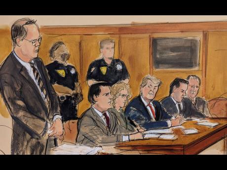 This artist sketch depicts former US President Donald Trump (seated centre) watching as Assistant District Attorney Christopher Conroy (left) outlines the case against him during Trump’s arraignment in court on Tuesday in New York. Seated with Trump are 