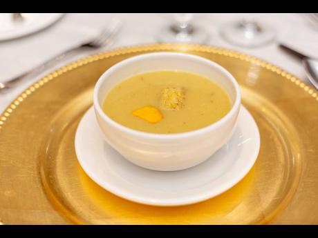 This scrumptious yellow heart breadfruit and roasted pumpkin soup is garnished with a crunchy cinnamon crouton.