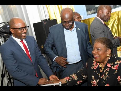 Milton Walker (left), Deputy General Manager Broadcast & Cable News & Sports at RJRGLEANER Communications Group, greets Dr Carole Guntley, tourism, travel, entertainment and marketing consultant, as Gary Allen (centre), CEO of RJRGLEANER Communications Gro