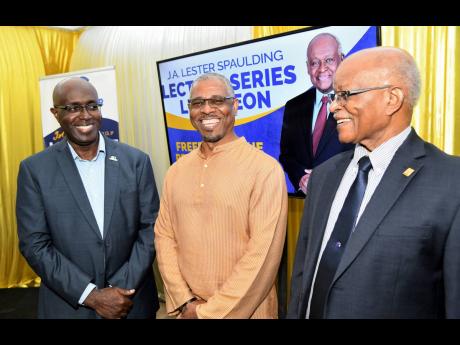 Dr Patrick Prendergast (centre), campus director, UWI, Mona, Western Jamaica Campus, wirh Gary Allen (left), CEO of the RJRGLEANER Communications Group, and Professor Sir Kenneth Hall, former governor general of Jamaica, during the J.A. Lester Spaulding Le