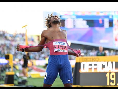 Noah Lyles rips his jersey to shreds after successfully defending his World Championship 200-metre title at the World Athletics Championships in Eugene, Oregon.