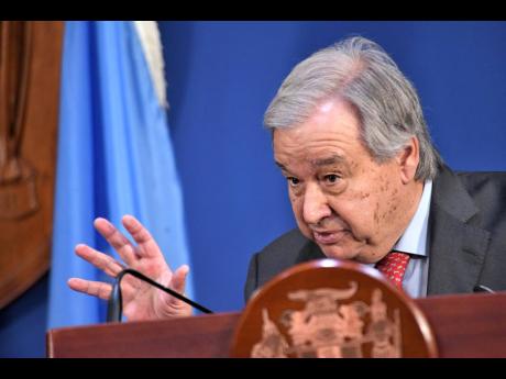 United Nations Secretary-General Antonio Guterres speaks to the media at a press conference at Jamaica House Media Centre in Kingston yesterday.