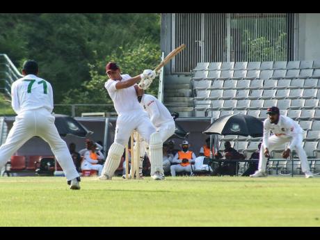 West Indies ‘A’ captain Joshua Da Silva pulls to leg during an unbeaten knock of 73 on day two of his side’s ‘Test’ against Bangladesh ‘A’ at the Sylhet International Cricket Stadium in Bangladesh yesterday.