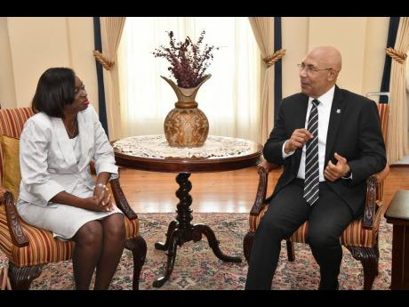 
Jamaica’s High Commissioner to the Republic of South Africa, Joan Thomas Edwards, makes a courtesy call on Governor General Sir Patrick Allen at King’s House before her deployment. 