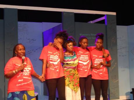 Professor Opal Palmer Adisa (left) with the cast of her play ‘Bathroom Graffiti Queen’ at the Philip Sherlock Centre for the Creative Arts (PSCCA), Mona, on Sunday.