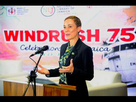 Senator Kamina Johnson Smith, minister of foreign affairs and foreign trade (MFAFT), addresses attendees during the ‘Windrush 75 Reflections from Kingston Harbour’ panel discussion at MFAFT, 2 Port Royal Street, Kingston, on Thursday.