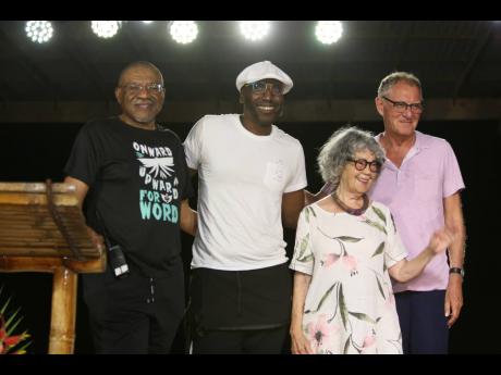 Kwame Dawes (left), co-founder of the Calabash International Literary Festival, with poet laureates (from left) Kei Miller, Olive Senior and Andrew Motion.