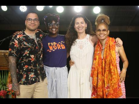 Tanya Banton-Savage (second left) with authors from Saturday’s Mix Up Mix Up session. They are (from left): Xavier Navarro Aquino, Nicole Krauss and Staceyann Chin.