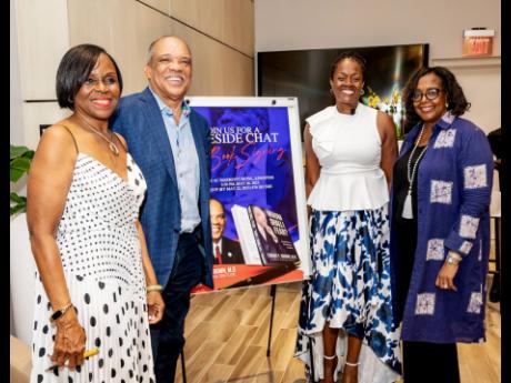Dr Ewart Brown (second left) shares a moment with (from left) Melody Royal, representative of the St Jago High School Alumni; Chorvelle Johnson, chief executive officer, Sagicor Bank, and Marcia Erskine, public relations consultant, at the Fireside Chat an