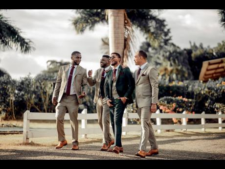 The groomsmen were happy to support the man of the moment on his wedding day. From left: Lebert Gordon; Sean-Patrick Redwood, best man and brother of the groom; the groom Khamar Facey and Shane Coore.