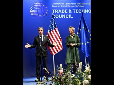 US Secretary of State Antony Blinken and EU Commissioner for Competitiveness Margrethe Vestager during a final press conference at a Trade and Technology Conference, in Lulea, Sweden, Wednesday, May 31, 2023.