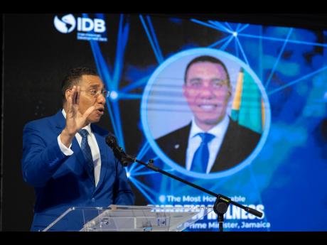 Prime Minster Andrew Holness addressing the Inter-American Development Bank Government Digital Transformation in Jamaica, held at the AC Marriott Hotel in St Andrew yesterday.