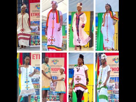 Models show off Ethiopian-styed pieces at the fashion show on  Africa Day hosted at the Buff Bay Primary School in Portland.