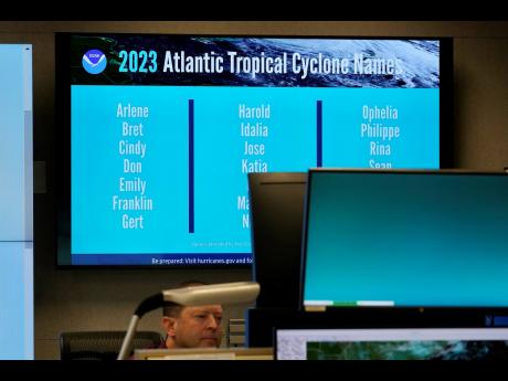 The names for the 2023 Atlantic hurricane season are displayed at the National Hurricane Center.
