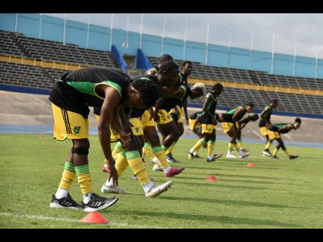 Jamaica’s Reggae Boyz train at the National Stadium on March 7, 2023 ahead of a friendly match against Trinidad and Tobago. 