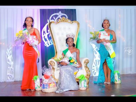 Newly-crowned Miss St Mary Festival Queen Sherai Campbell is flanked by first runner-up Tadwaine Wilson (left), and second runner-up Kevaughna Brown at the Miss St Mary Festival Queen Coronation held last Saturday, at the St Mary Anglican Church Hall.