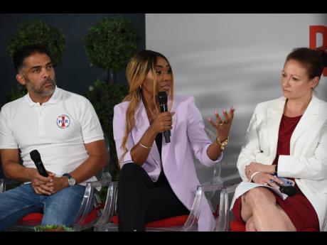 Patrice J. White (centre), transformative health and wellness coach, speaks during a panel discussion at Red Stripe’s ‘Responsibility Now’ town hall series: making sense of the relationship between alcohol and mental health. Looking on are Jason Russ