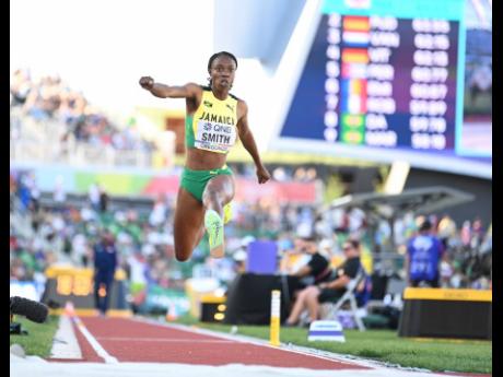 Jamaica’s Ackelia Smith competing in the women’s triple jump finals at the World Athletics Championships at the Hayward Field in Oregon last year.
