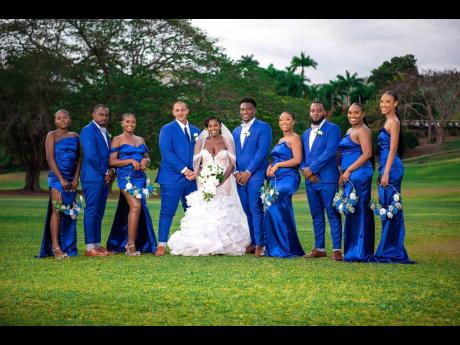 A royal couple deserves an equally royal bridal party. From left: Kaylene English, Roemane Gordon, Danielle Grant, Mr and Mrs Haynes, Ricardo Christie, Jahneil Haye, Curtley McFarlane, Yanique Pink and Ashleigh Haynes.