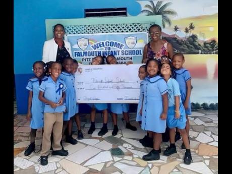 Florence Logan (right), a former president of the Trelawny Chamber of Commerce and Industry and a local member of Friends of Falmouth, presents a symbolic cheque of $250,000 to acting principal of the Falmouth Infant School, Patrice Beharie, on Tuesday, Ju