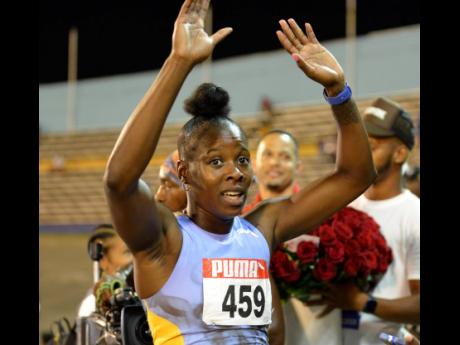 Shericka Jackson celebrates after winning the national women’s 100 metres title at the National Stadium last night.  Jackson clocked a world leading 10.65 seconds. 