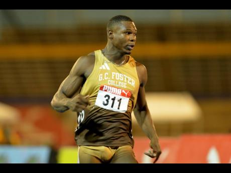 Kadrian Goldson of G.C. Foster College wins heat three of the men’s 100 metres preliminaries at the JAAA  National Senior and Junior Championships on Thursday. Goldson  clocked 9.94 seconds.