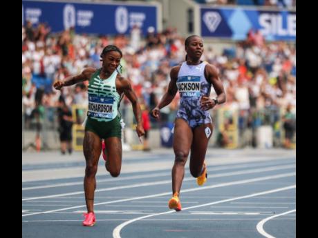 American Sha’Carri Richardson (left) wins the women’s 100 metres ahead of Jamaica’s Shericka Jackson at yesterday’s Silesia Diamond League in Poland. Richardson won in 10.76 seconds while Richardson was second in 10.78.  