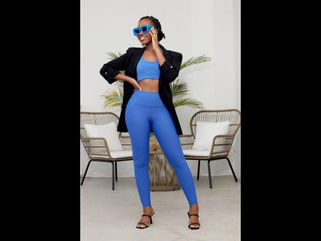 Who says athleisure wear is only for the gym? This two-piece blue set is styled with a black