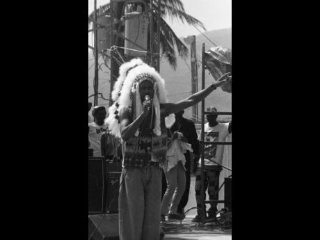 Super Cat decked out in his Indian chief headgear at Reggae Sumfest 1993.