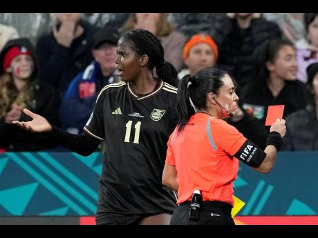 Jamaica’s Khadija Shaw reacts after getting a red card from referee Maria Carvajal during the Women’s World Cup Group F  match against France at the Sydney Football Stadium in Sydney, Australia on Sunday.
