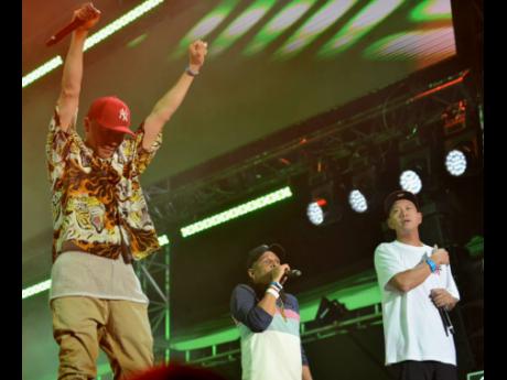 From left: Masta Simon, Ninja Crown and Sami-T from Mighty Crown perform on Night One of Reggae Sumfest. 
