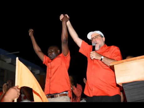 Mark Golding, president of the People’s National Party, endorses Patrick Peterkin as the party’s prospective candidate for East Rural St Andrew.
