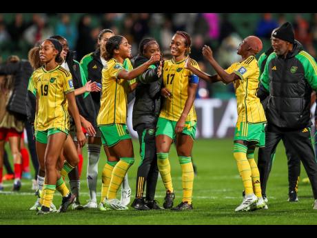 
Reggae Girlz celebrate at the end of a Women’s World Cup Group F football match against Panama in Perth, Australia, yesterday. Jamaica won 1-0. 