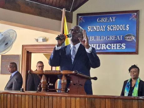 Bishop O’Garth McKoy, national superintendent of the United Pentecostal Church of Jamaica, delivers the keynote address during the annual Independence Church Service for St James, held at the Kings Chapel United Pentecostal Church in Montego Bay on Sunda
