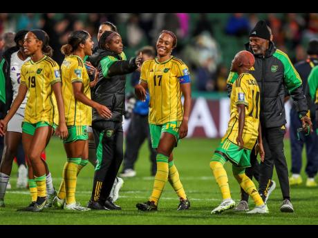 Jamaica’s Allyson Swaby (center) celebrates with teammates at the end of the Women’s World Cup Group F soccer match between Panama and Jamaica in Perth, Australia, on Saturday, July 29. Swaby scored once in Jamaica’s 1-0 victory.