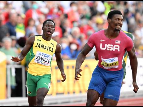 Jamaica’s Oblique Seville (left) competing in the men’s 100m finals at the World Athletics Championships in Oregon last year. Seville finished fourth in the event behind World Champion Fred Kerley (right), Marvin Bracey (not pictured) and Trayvon Brome