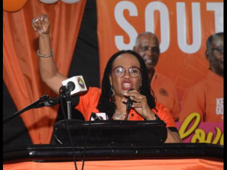 People’s National Party (PNP) Vice-President Donna Scott-Mottley addressing supporters during the party’s St James Southern constituency conference on Sunday.