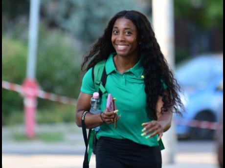 Defending World champion in the 100m Shelly-Ann Fraser-Pryce arrives at the training facility in Budapest.
