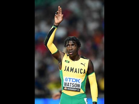 Jamaica’s Antonio Watson celebrates a 44.13-second personal best in the men’s 400m semifinals at the 2023 World Athletics Championships in Budapest, Hungary, on Tuesday.