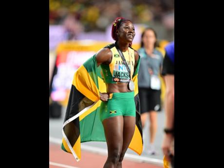 Shericka Jackson celebrates a World Athletics Championships silver medal inside the National Athletics Centre in Budapest, Hungary on Monday.