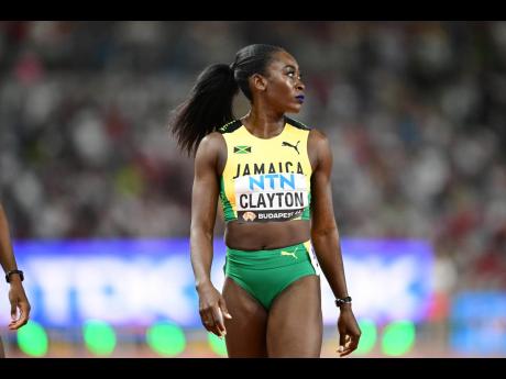 Jamaica’s Rushell Clayton just ahead of setting a lifetime best, 53.30 seconds, to qualify for the final of the 400-metre hurdles at the World Athletics Championships in Budapest, Hungary on Tuesday.