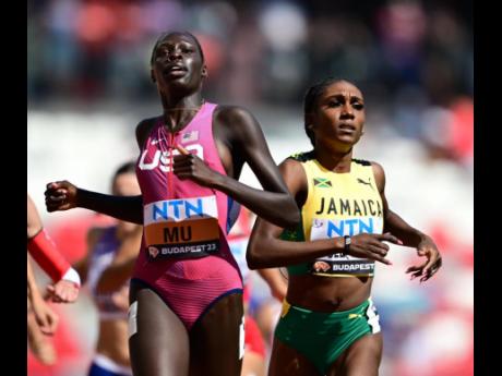 Jamaica's Natoya Goule-Toppin (right) and the United States' Athing Mu go to the line together in their first-round 800-metre heat at the World Athletics Championships inside the National Athletics Centre.