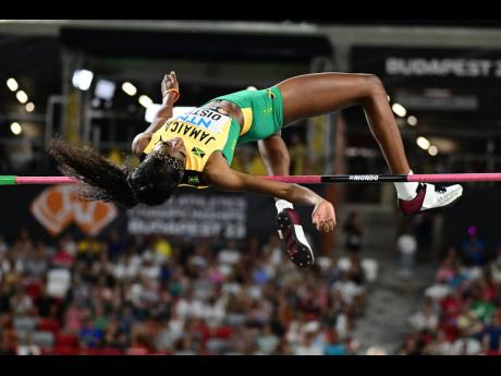Jamaica’s Lamara Distin competing in the women’s high jump final on the last day of the 2023 World Athletics Championships in Budapest, Hungary, yesterday.