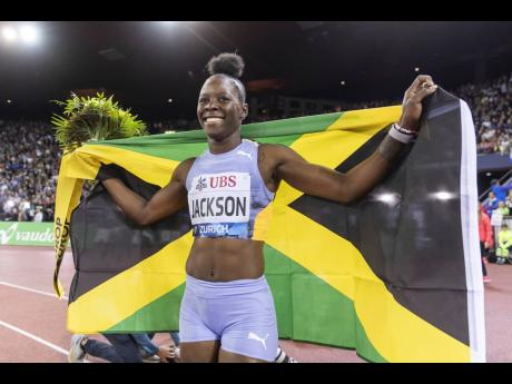 Shericka Jackson of Jamaica celebrates winning the women’s 200 metres final during the World Athletics Diamond League meeting at the Letzigrund stadium in Zurich, Switzerland, last Thursday. 