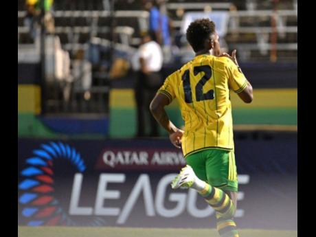 Reggae Boy and Al-Ettifaq forward Demarai Gray runs to the touchline in celebration of scoring a 64th-minute goal for Jamaica during a Concacaf Nations League game against Honduras inside the National Stadium earlier this evening.