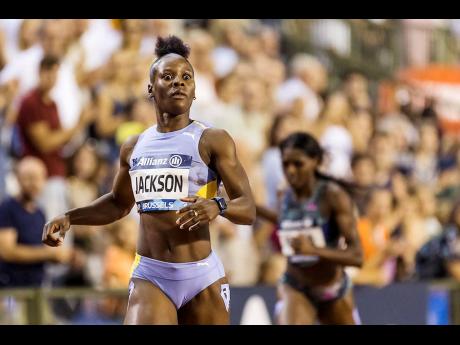 Jamaica’s Shericka Jackson crosses the finish line to win the women’s 200 metres in 21.48 seconds during the  Van Damme Memorial Diamond League athletics event at the King Baudouin Stadium, Brussels, yesterday. 