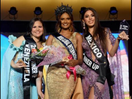 Miss Global International 2023 Trinidad and Tobago’s Christin Coeppicus (centre) is flanked by Miss Venezuela Maria Antonieta Garcia, second runner-up (left) and Miss Mexico, Julieta Contreras, first runner-up.