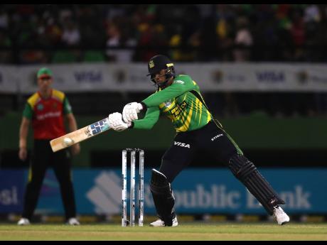 Brandon King of Jamaica Tallawahs hits a boundary against the  Guyana Amazon Warriors during the Republic Bank Caribbean Premier League T20 match at Providence Stadium on September 13, 2023, in Georgetown, Guyana. 