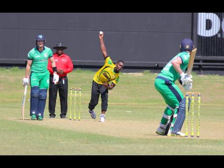 Jamaica Scorpions fast bowler Nicholson Gordon in full flight against Ireland during a 50-over warm-up match at Sabina Park last year.