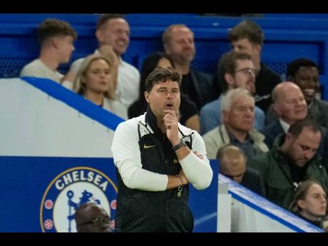 Chelsea’s head coach Mauricio Pochettino reacts during the English League Cup third-round match between Chelsea and Brighton at Stamford Bridge Stadium in London, Wednesday, September 27, 2023. Chelsea won 1-0.